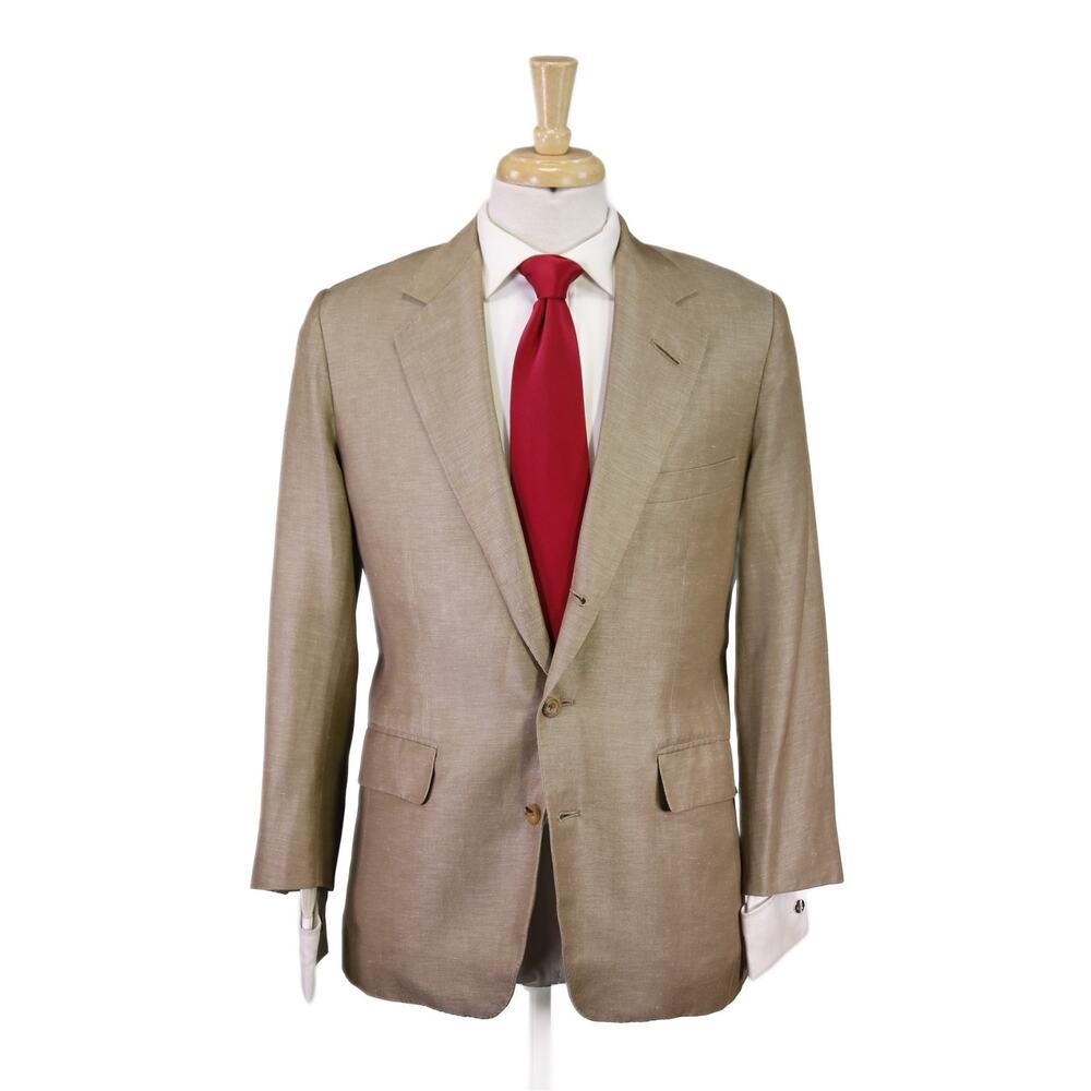 Edgar Pomeroy Bespoke Tailored Gold Linen Silk 2-Btn Handmade Suit 38S